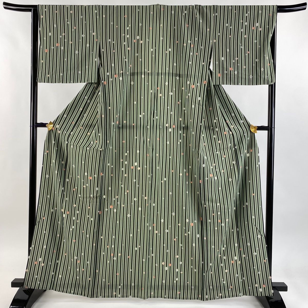 小紋 身丈163cm 裄丈64.5cm M 単衣 洗える着物 縦縞模様 幾何学模様 灰