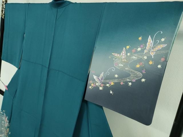 平和屋本店■極上　金彩友禅　卓越技能者・名工・和田光正　訪問着　舞蝶文　納戸色地　暈し染め　金銀彩　逸品　DZAA6680kh5 平和屋本店□極上 金彩友禅 卓越技能者・名工・和田光正 訪問着 舞蝶文