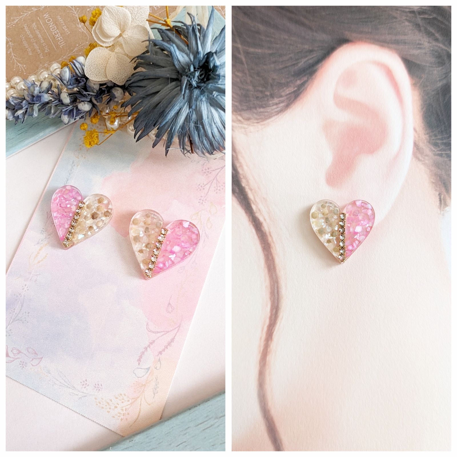 shell×heart 星の砂 ハート ピアスイヤリング プリズムピンク