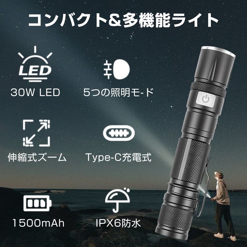 軽量 小型 1200lm TypeC充電 PSE 懐中電灯 LEDライト Type-c充電式ミニ 