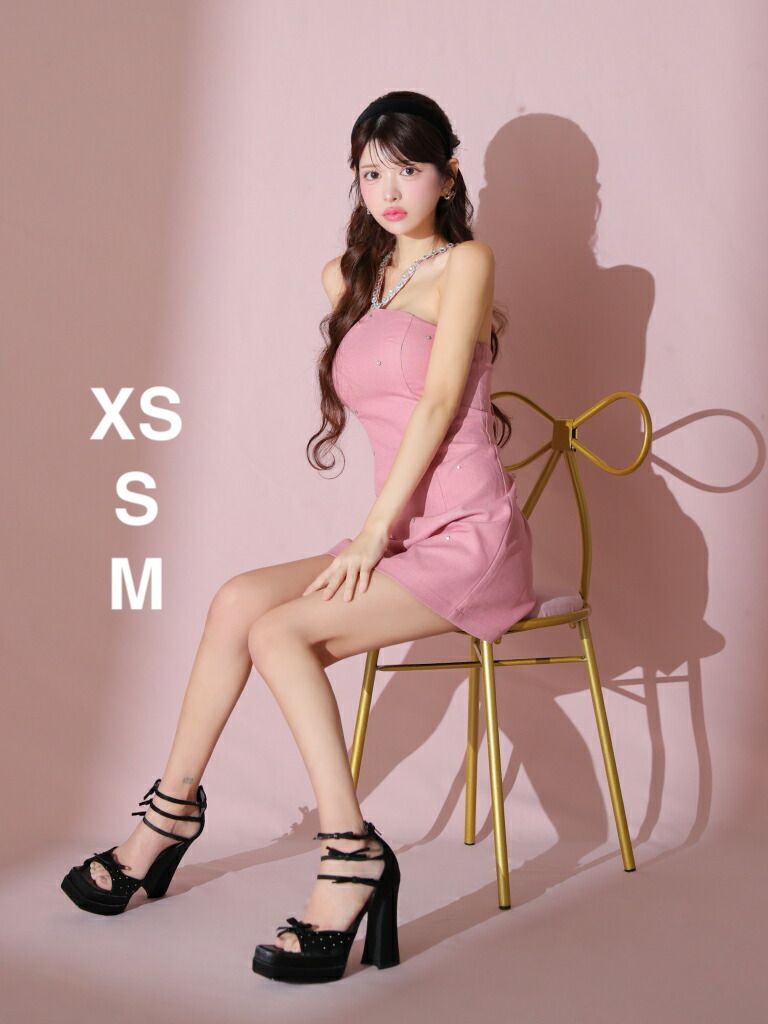 ピンク fm3771XSサイズあり ROBE de FLEURS|ローブドフルール ビジュー| ホルター| バックリボン| タイト| ミニドレス| キャバドレス OF2 FM3771-P-2501