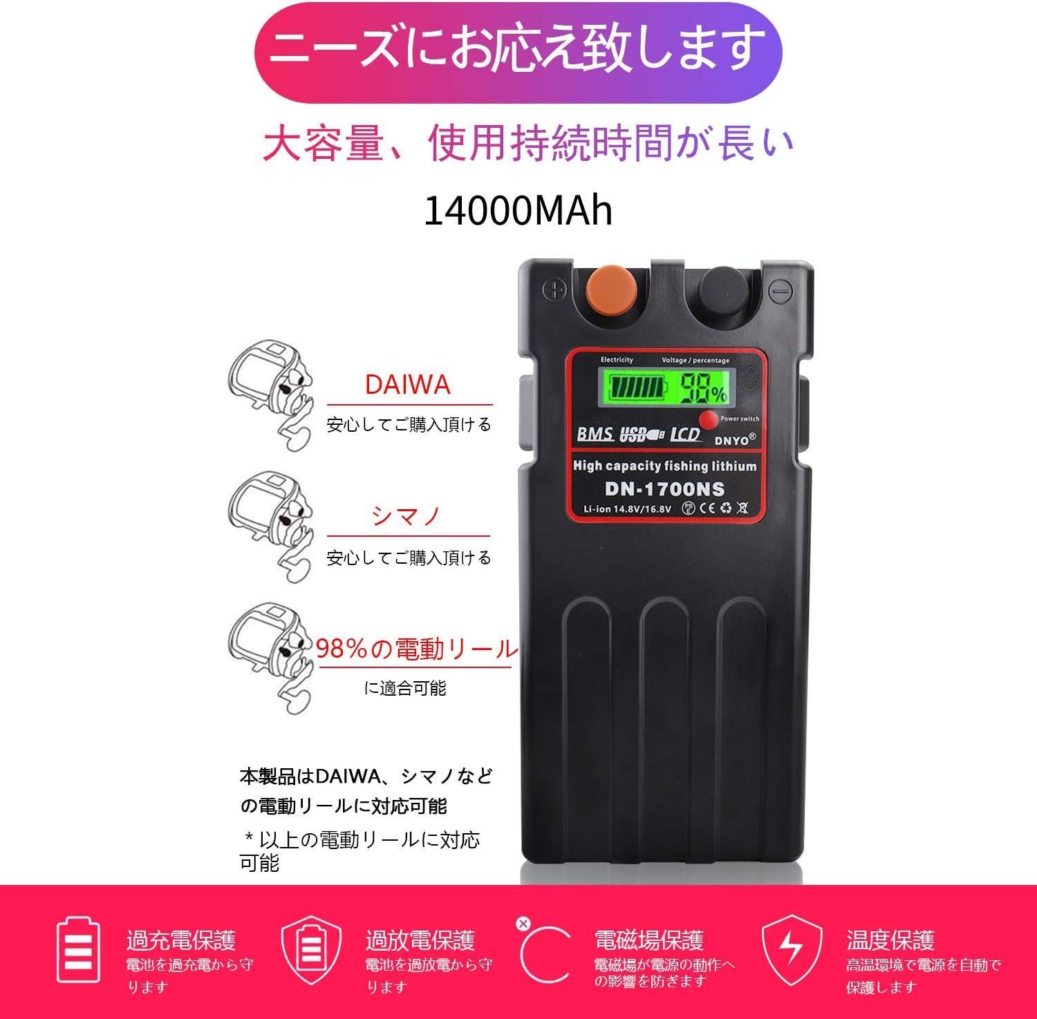 未使用】電動リール用 DN-1700NS 14000Ah 互換バッテリー 充電器 