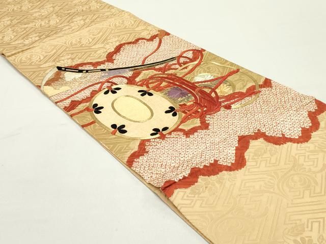 平和屋着物 アンティーク 大正ロマン 丸帯 絞り 駒刺繍 檜扇花鼓文 金糸 正絹 DAAY0102ob