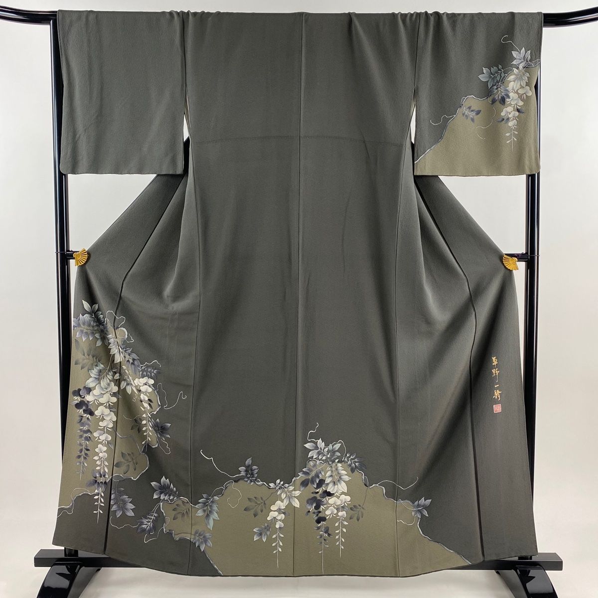 小紋 美品 秀品 落款 一つ紋 やまと 墨流し ぼかし 縮緬 抹茶色 袷