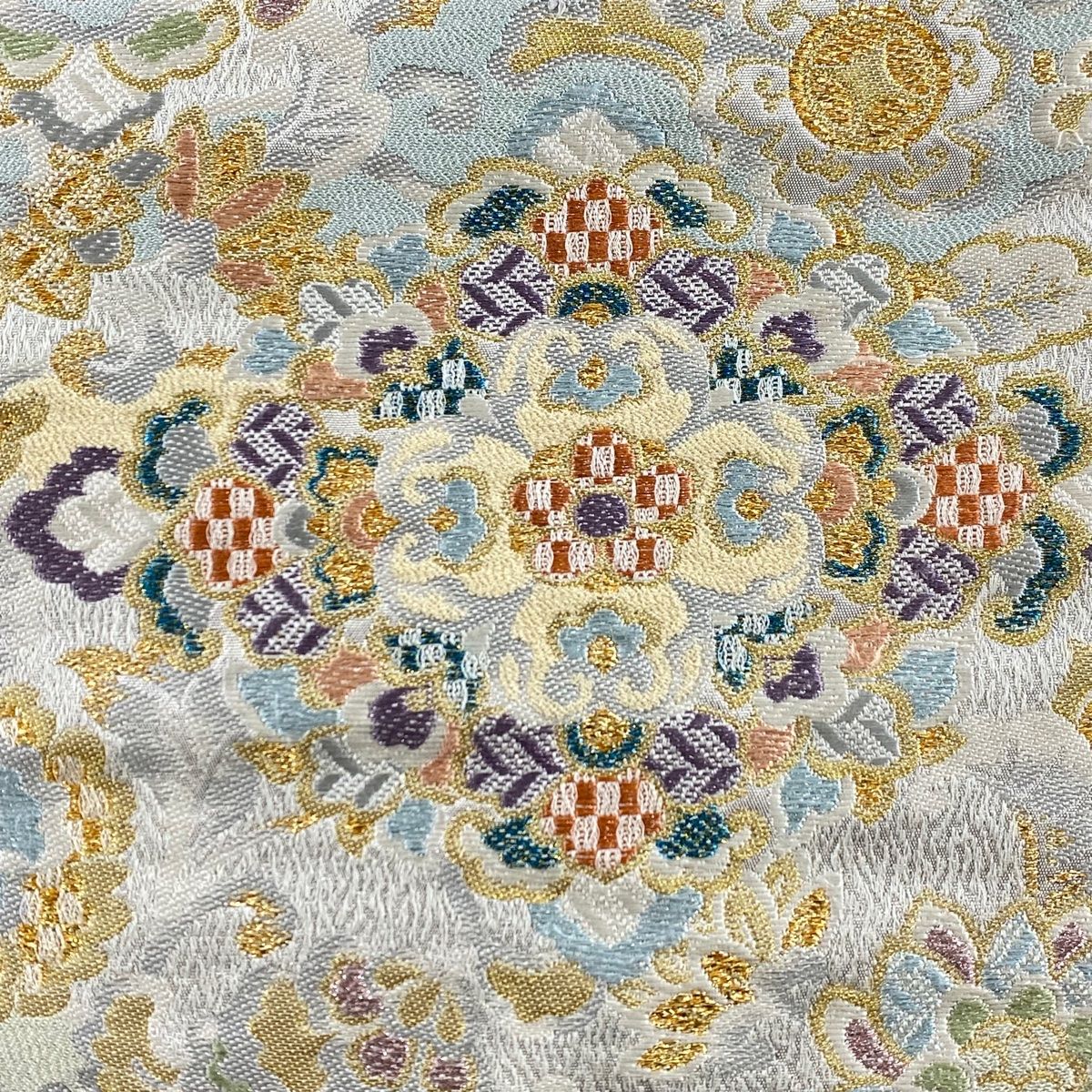 袋帯 美品 秀品 蝶々唐草華文 箔 唐織 青灰色 六通 正絹 【中古