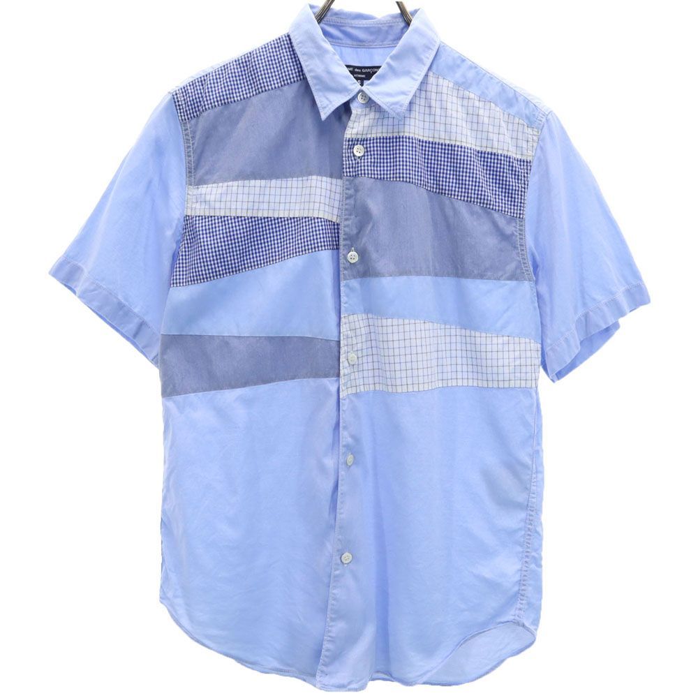 コムデギャルソンオム 2015年 日本製 チェック柄 切替 半袖 シャツ S ブルー系 COMME des GARCONS HOMME メンズ 古着 【240510】 メール便可