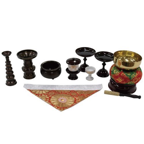 本格仏具9点セット 小 湯呑み 仏器 仏飯器 香炉 花瓶 花立 ローソク立て 火立 打敷 香炉灰 手元供養 モダン仏壇 ミニ仏壇 小型仏壇