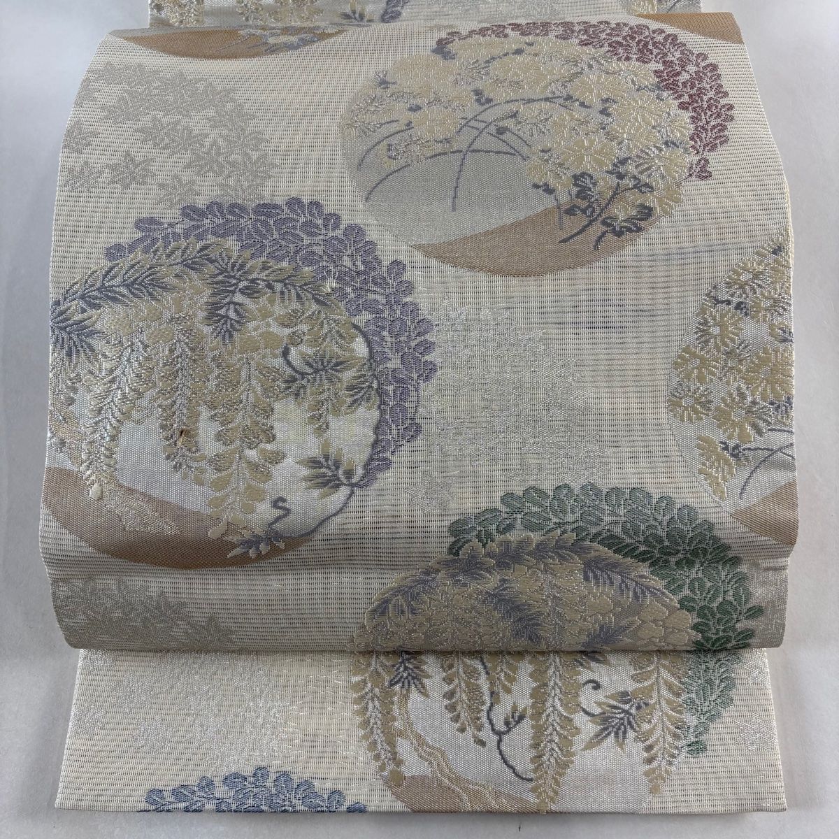 袋帯 美品 秀品 夏帯 絽 竜田川 菊 藤 金銀糸 箔 クリーム 六通 正絹 