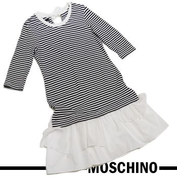 新品モスキーノ　白黒ボーダー 七分袖ワンピース #38　MOSCHINO 新品モスキーノ 白黒ボーダー 七分袖ワンピース #38 MOSCHINO