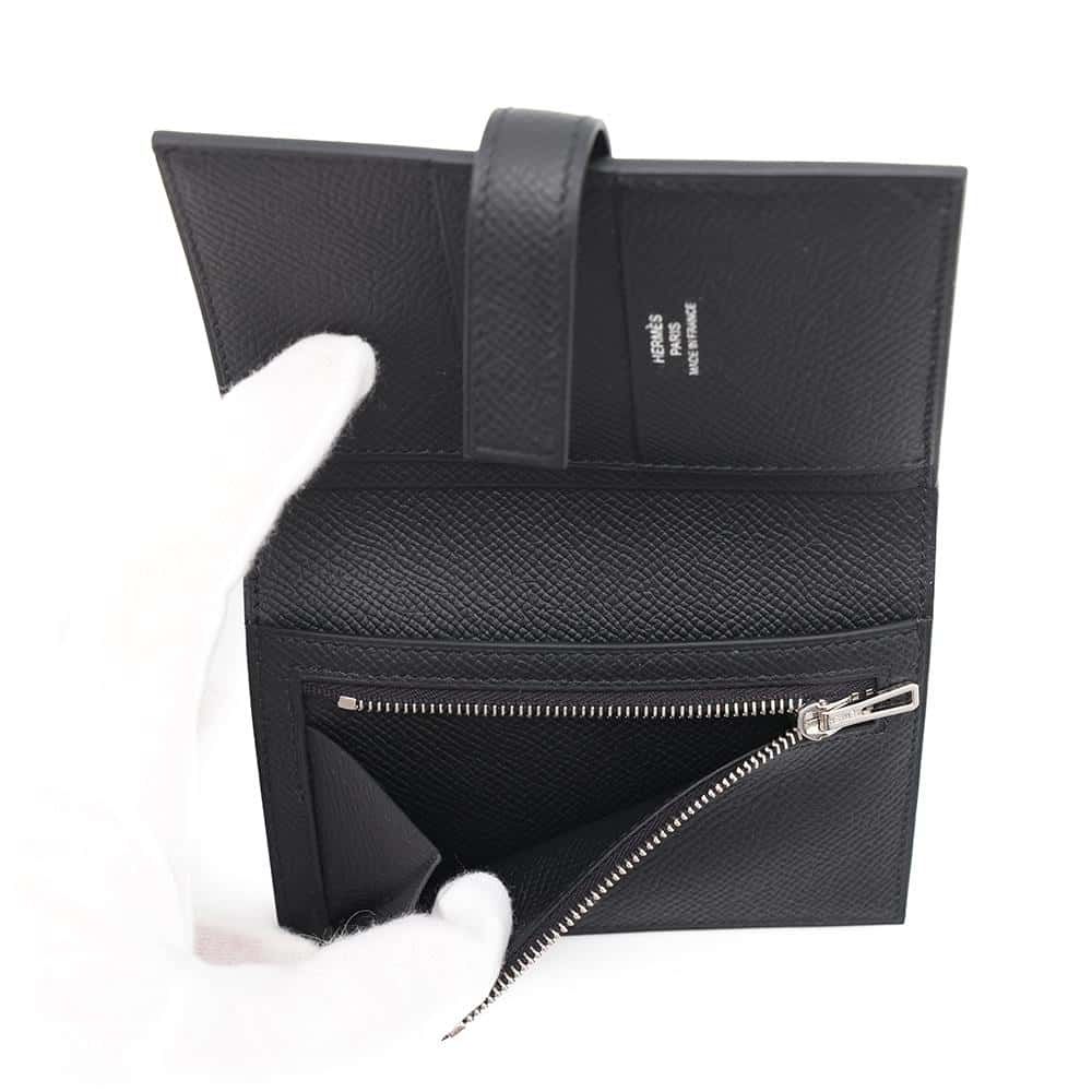 [確実正規品]　HERMES べアン　2つ折り財布　ブラック HERMES エルメス ベアンコンパクト 黒 ブラック シルバー金具 二つ折り