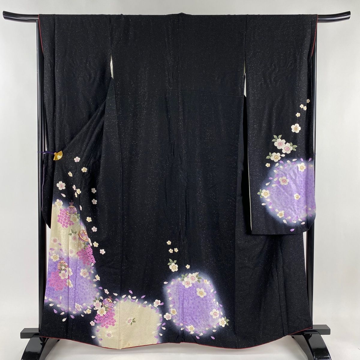 在庫一掃】 振袖 身丈159cm 裄丈68.5cm L 袷 鈴 桜 銀通し 箔 黒 正絹  