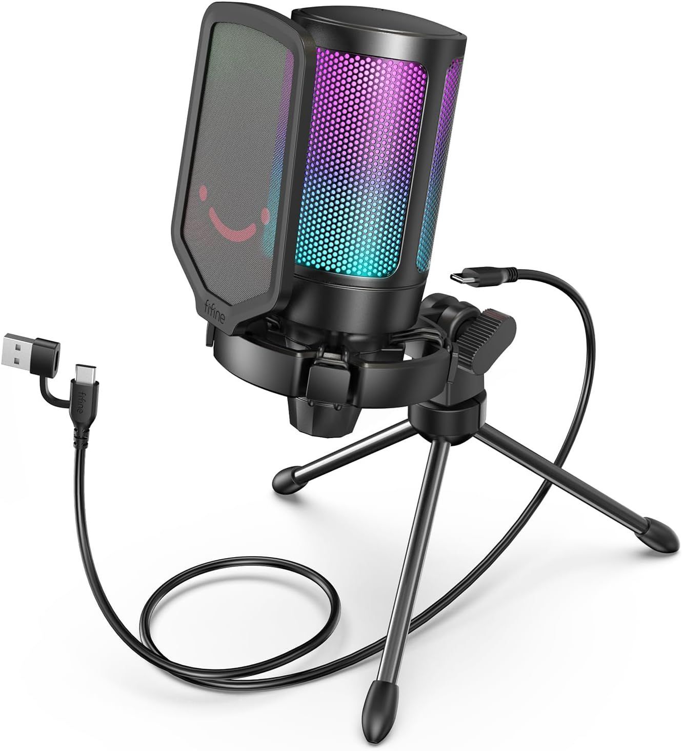 FIFINE USB コンデンサーマイク RGBライティング カーディオイド指向性 パソコン|プレステマイク USB-C→Aケーブル付き ワンタッチミュート 録音 ゲーム実況 ボイスチャット ライブ配信 テレワーク N26