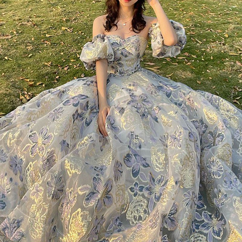 カラードレス 編み上げ ブルー ベルスリーブ ロングドレス 結婚式  