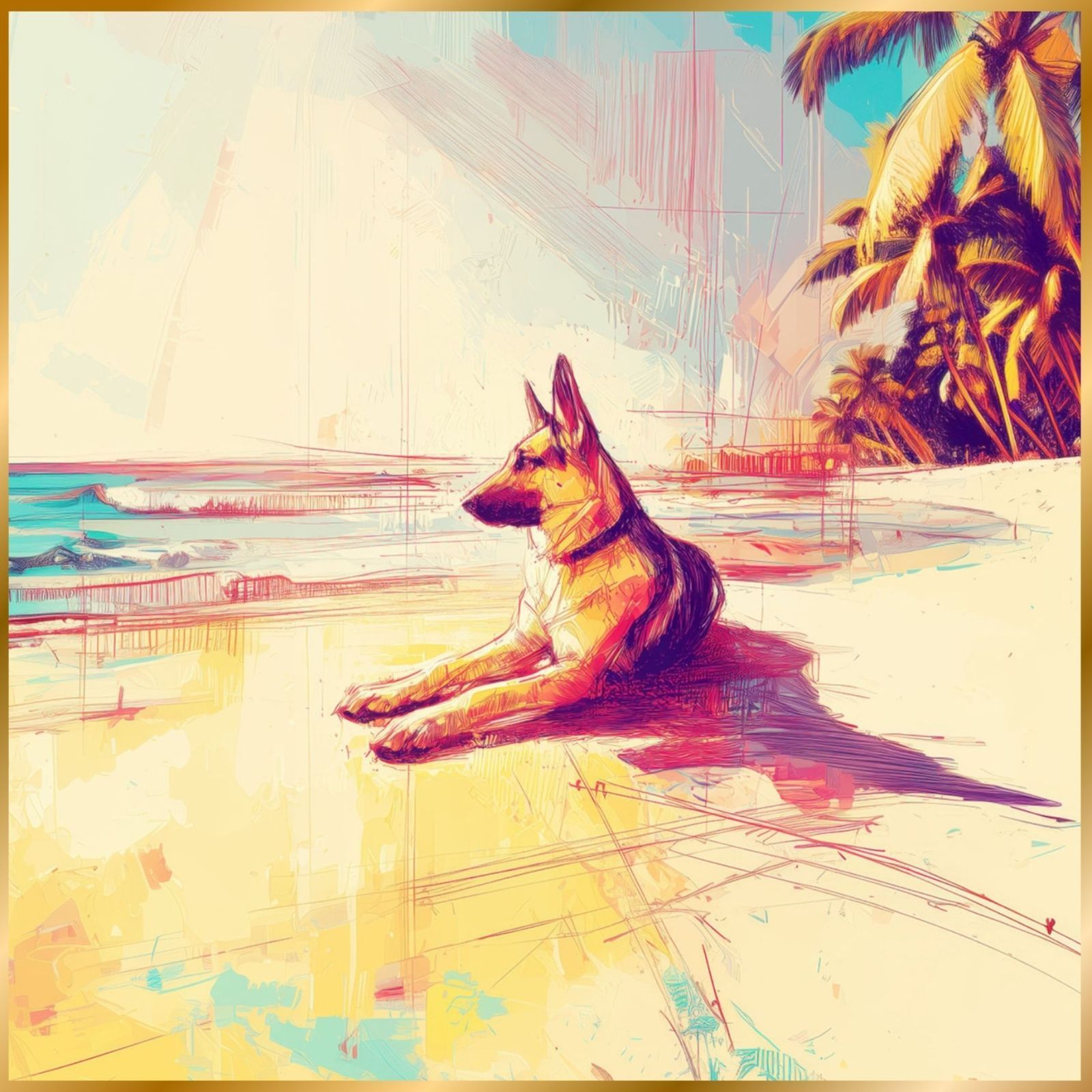 ジャーマンシェパード犬とビーチのスケッチ No.1 海 犬の絵 犬のイラスト おしゃれ ミニマリスト ミニマリズム シンプル インテリアアート ペットロス うちの子 記念日 アートポスター ギフト プレゼント