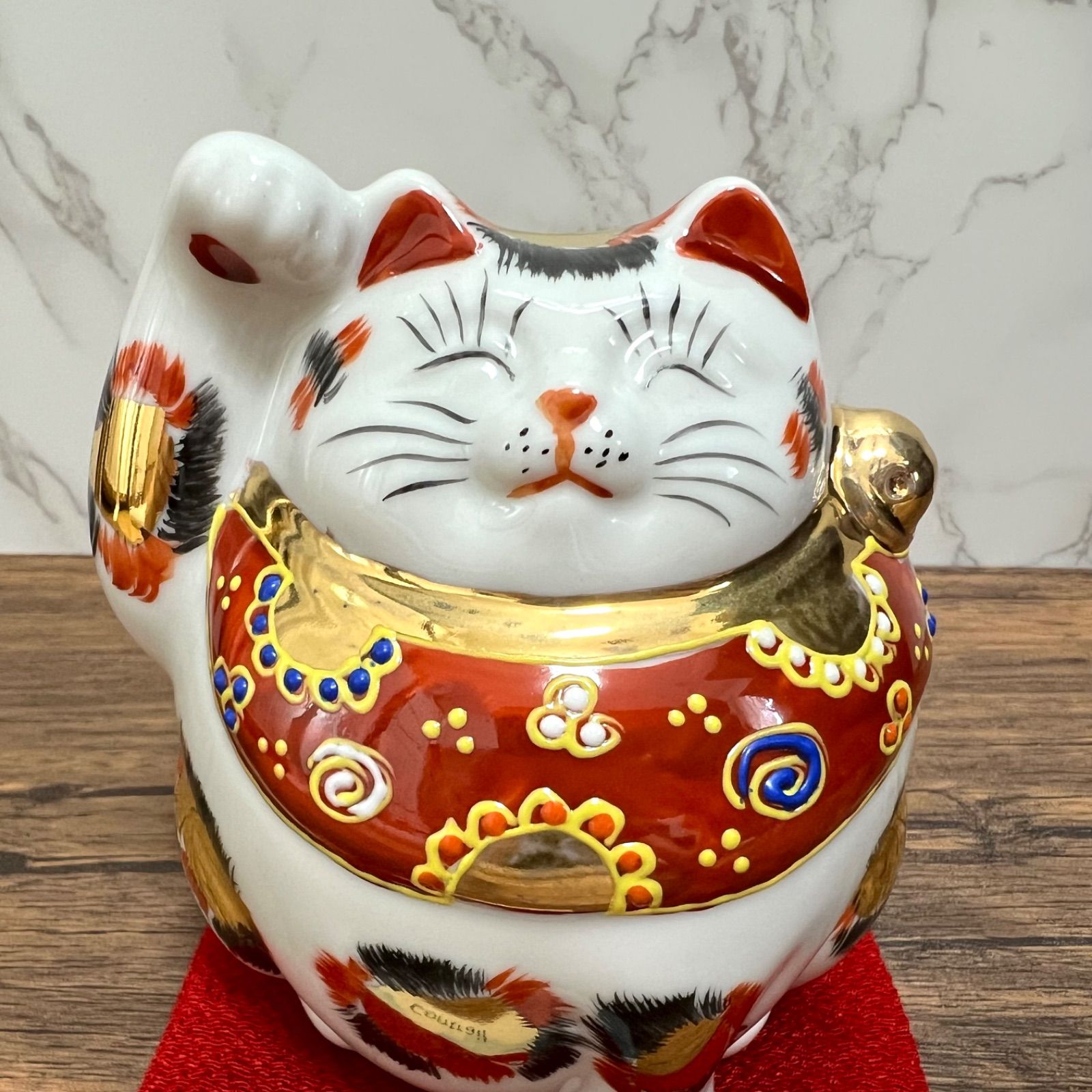 九谷焼 招き猫 三毛猫 右手 陶器 縁起物 置物 Kutani Ware Maneki Neko