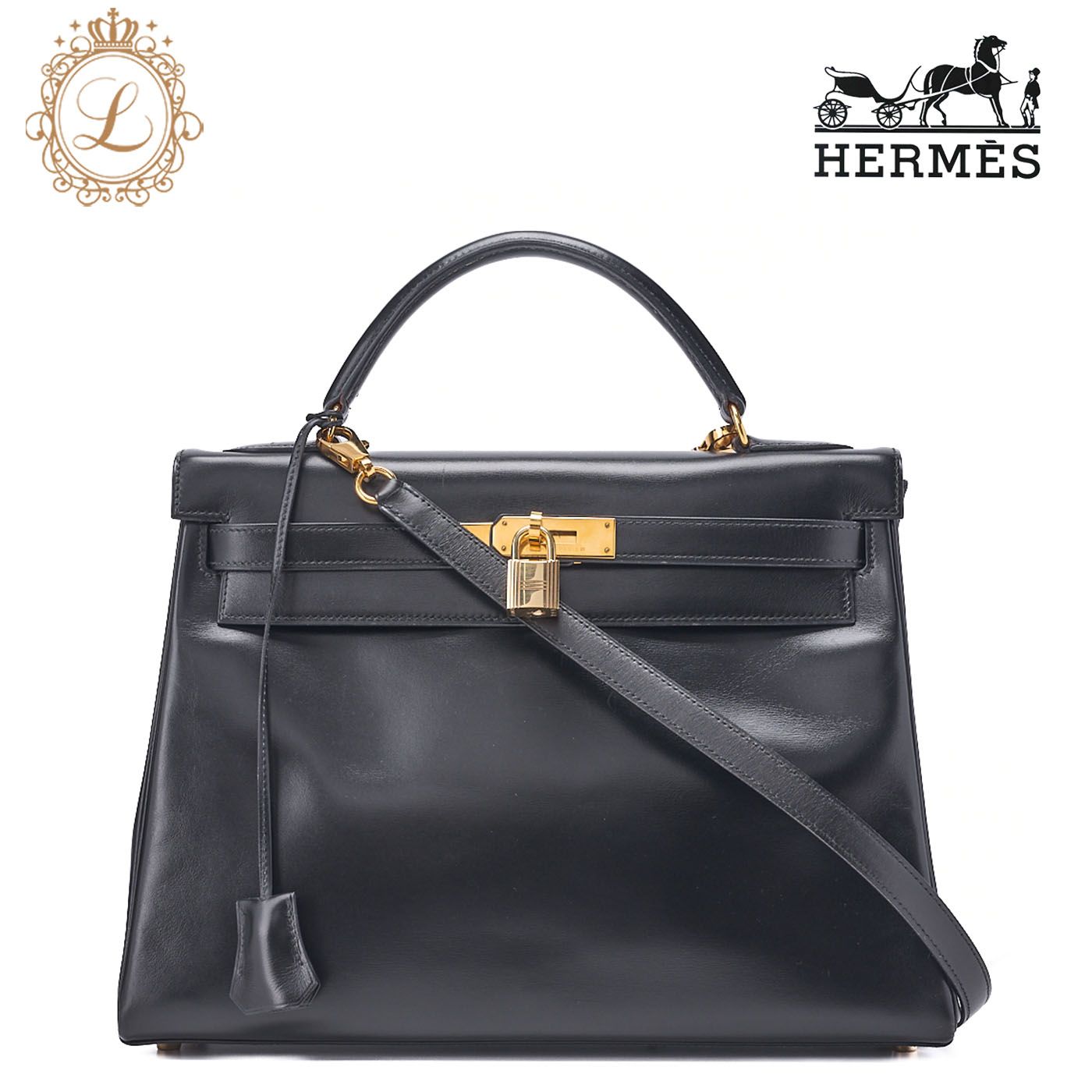 HERMES エルメス ケリー32 ハンドバック 内縫い ボックスカーフ 黒 