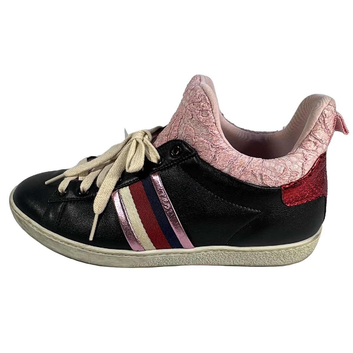 GUCCI グッチ スニーカー 37 1|2 レディース - 黒×レッド×ピンク レース|インソール取外し可 コットン レザー