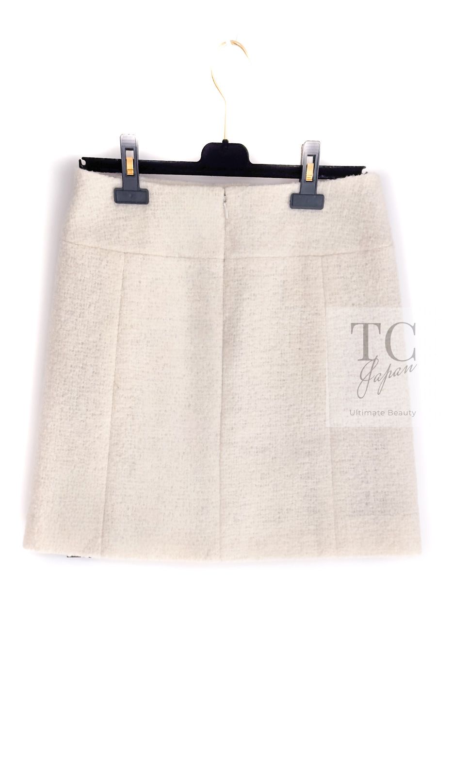 シャネル スカート CHANEL アイボリー ウール モヘア レザートリム  