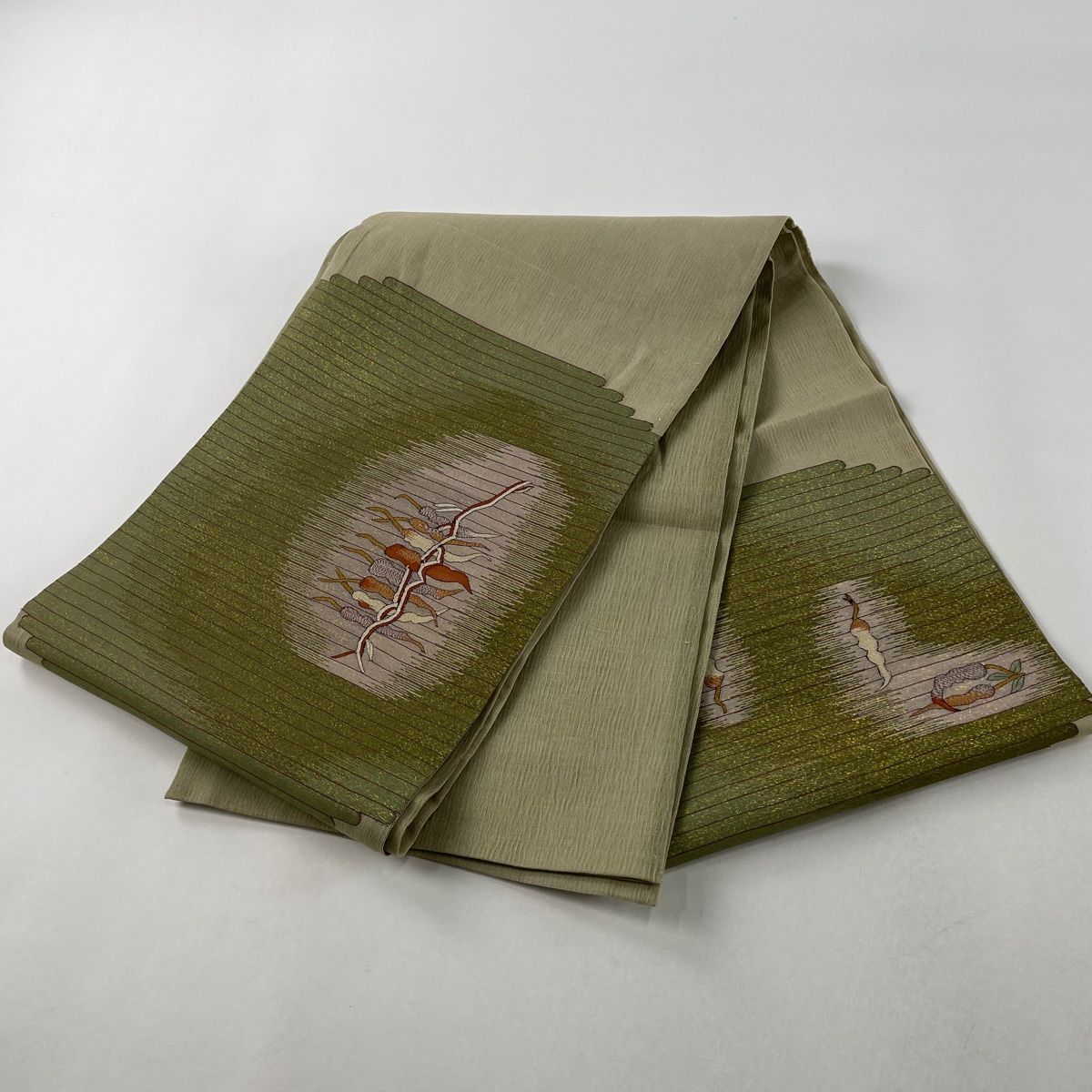 袋帯 秀品 夏帯 唐辛子 箔 茶緑色 お太鼓柄 正絹 【中古