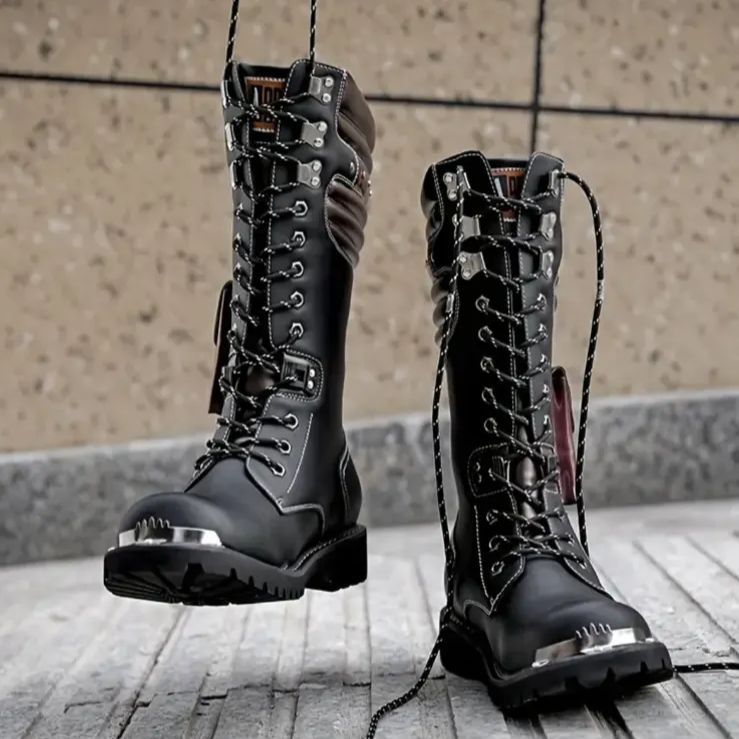 ブーツ バイクブーツ メンズ PU 厚底 バイク用品 バイクシューズ バックパッキングブーツ シューズ バックル レースアップ ハイコンバットブーツ おしゃれ 防水 ウエスタン バイクシューズ 冬 ウエスタンブーツ ミリタリー オートバイブーツ 黒