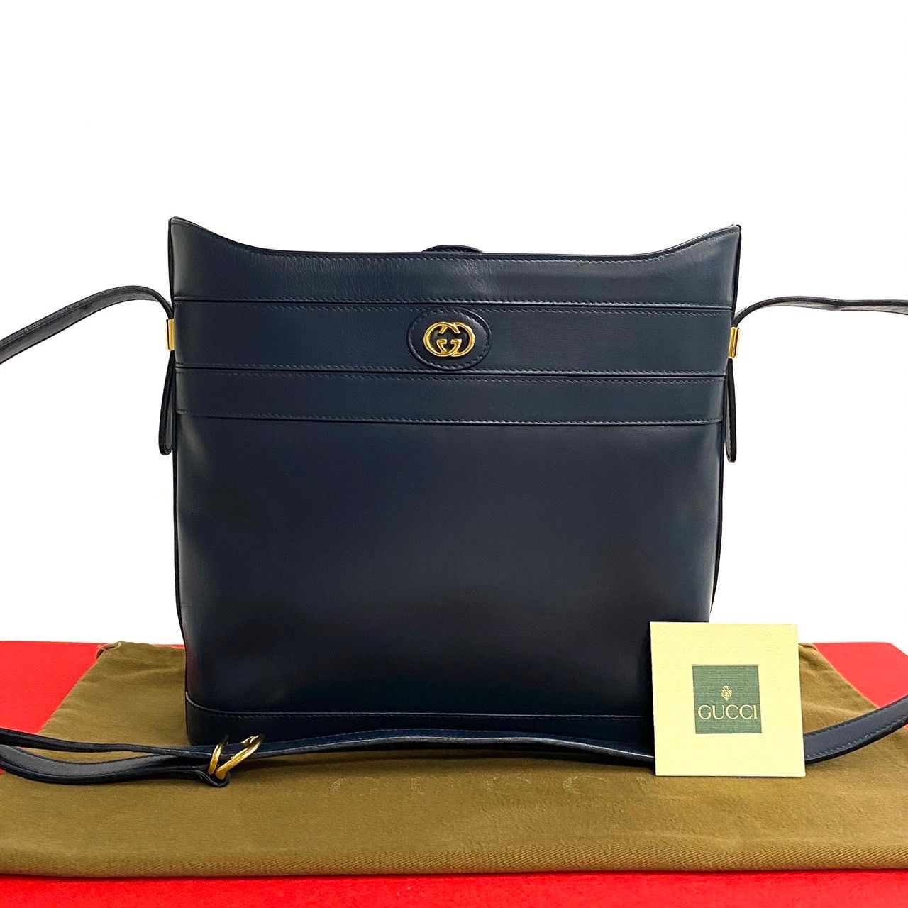 極 美品 オールドグッチ GG ロゴ レザー ショルダーバッグ ポシェット 紺 極 美品 オールドグッチ GG ロゴ レザー ショルダーバッグ