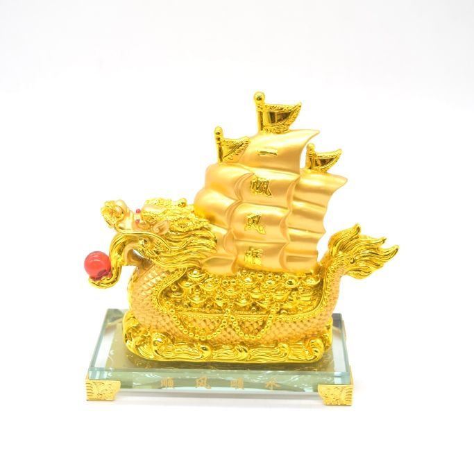 龍船 売れ筋 ガラス台座 樹脂製置物 一帆風順 金色 龍船 ガラス台座