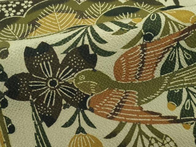 平和屋着物□極上 九寸名古屋帯 紅型 花鳥文 鬼しぼ縮緬 黄海