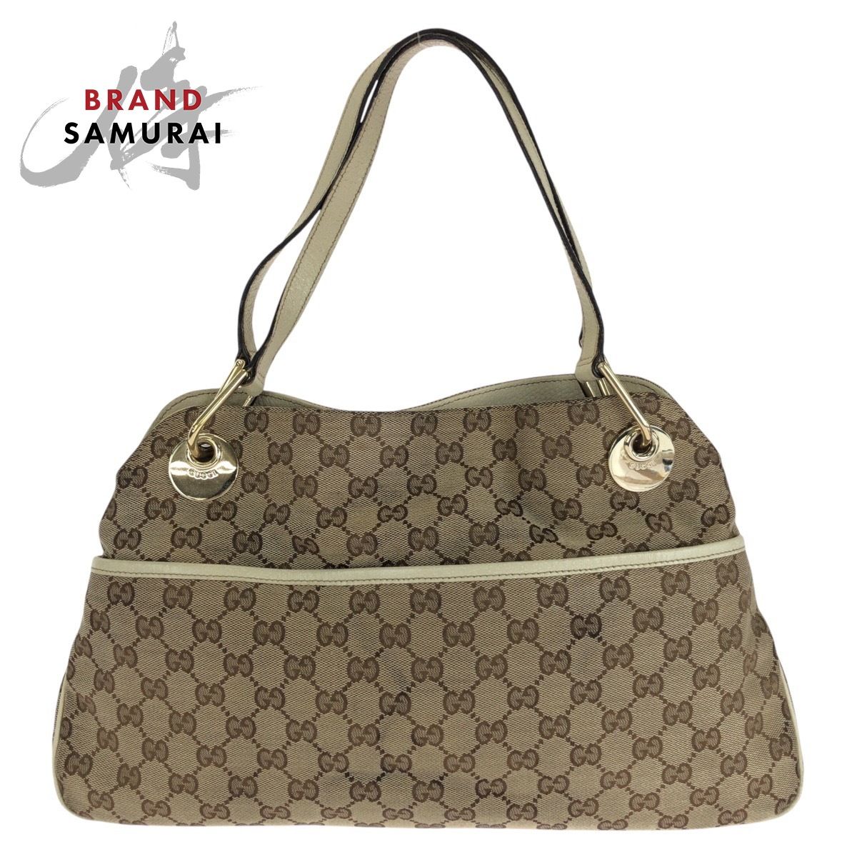 GUCCI グッチ ブラウン ホワイト ゴールド金具 GGキャンバス/レザー 