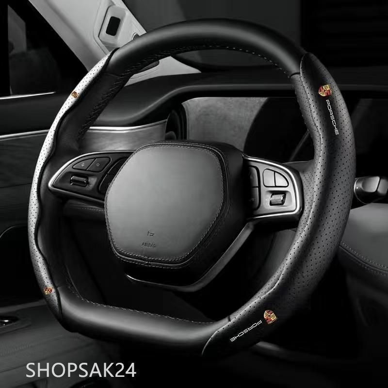 ポルシェ PORSCHEブラックハンドルカバー ハンドル保護 専車ロゴ ステアリングカバー レザー 滑り止め D型 O型 分割 タイプ gYr0403