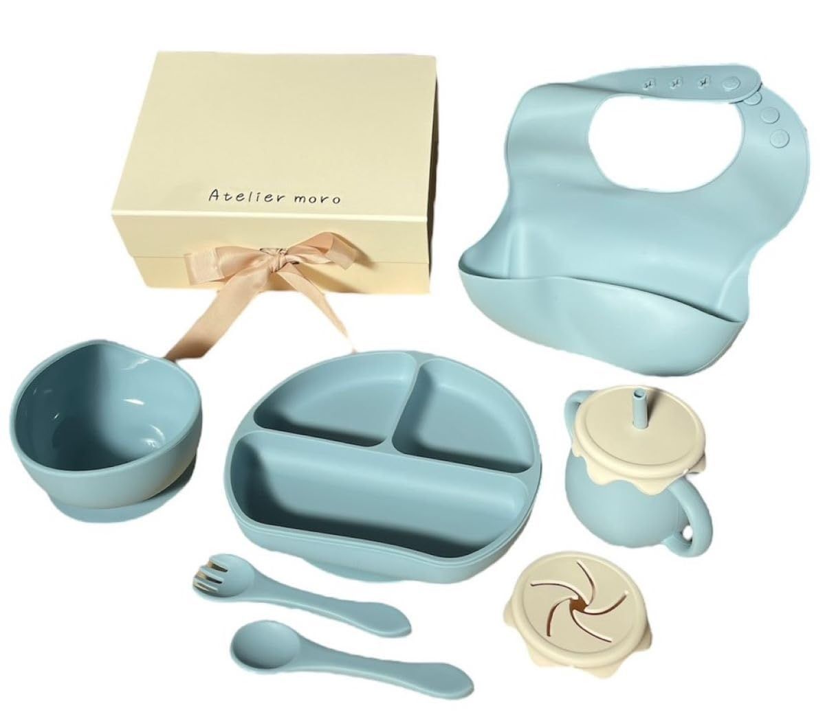 アトリエモロ ベビー食器6点セット シリコン製 くすみカラー 離乳食用 電子レンジ対応 食洗機対応 吸盤付き 出産祝い ギフト プレゼント ベビー食器 赤ちゃん 食器 男の子 女の子 (ブルー) [ブルー]