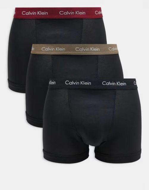 送料無料 カルバンクライン メンズ トランクス アンダーウェア Calvin Klein cotton stretch trunks 3 pack in black with colored waistband Black
