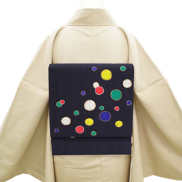 新古品】 袋帯 しょうざん 生紬 京都 正絹 一珍染 濃紫 カラフル