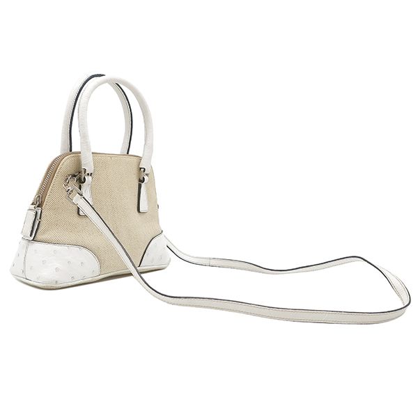 プラダ PRADA 2WAYバッグ キャンバス オーストリッチ キャンバス オーストリッチ ベージュ×ホワイト シルバー金具 三角ロゴプレート ミニ ショルダー 白