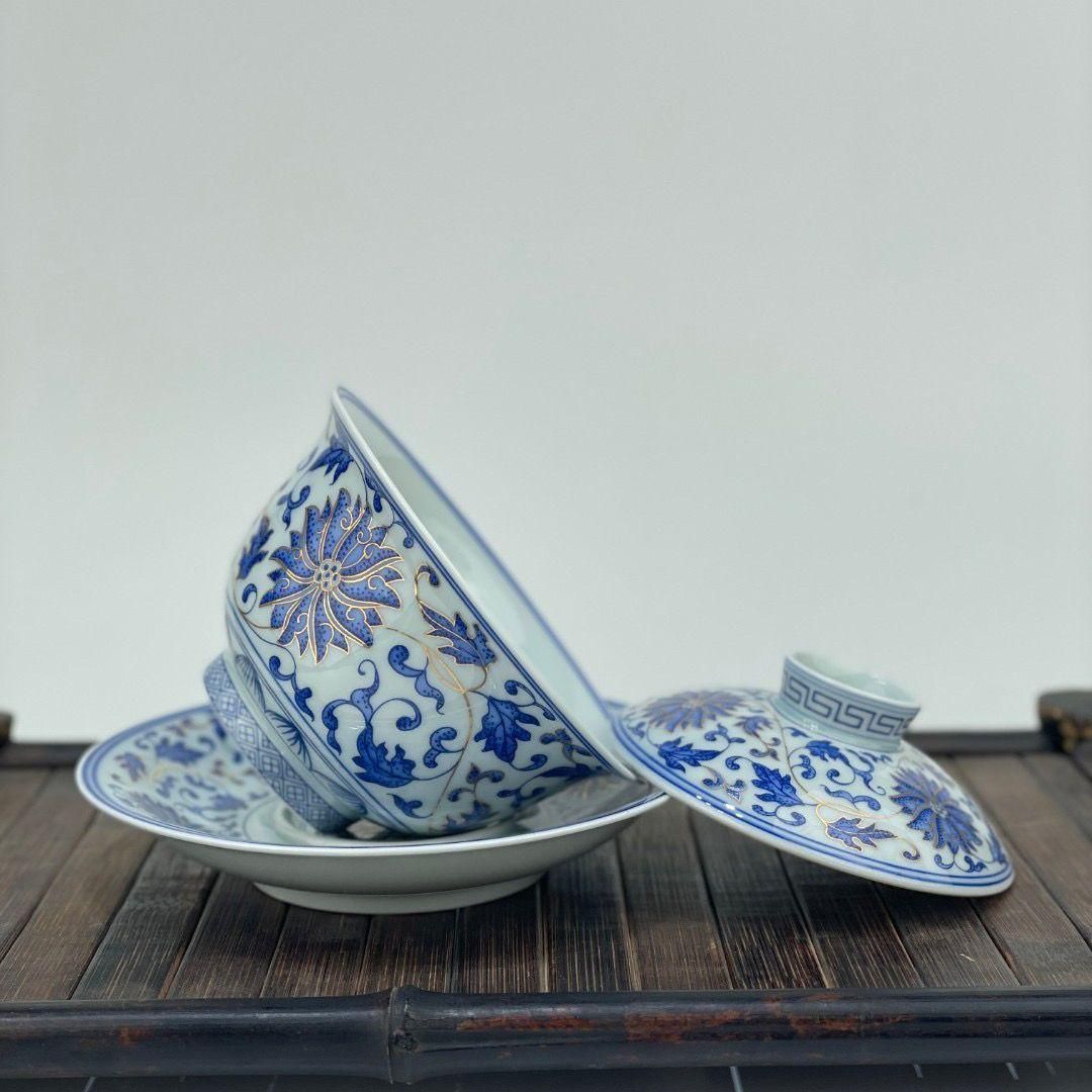 中国茶器 景徳鎮 締め金糸青花磁蓋碗 茶碗 煎茶器 新品未使用 中国茶器 景徳鎮 締め金糸青花磁蓋碗 茶碗 煎茶器 新品未使用
