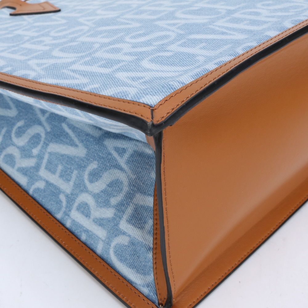 新品同様 ヴェルサーチ オールオーバー デニム レザー 2WAY トート