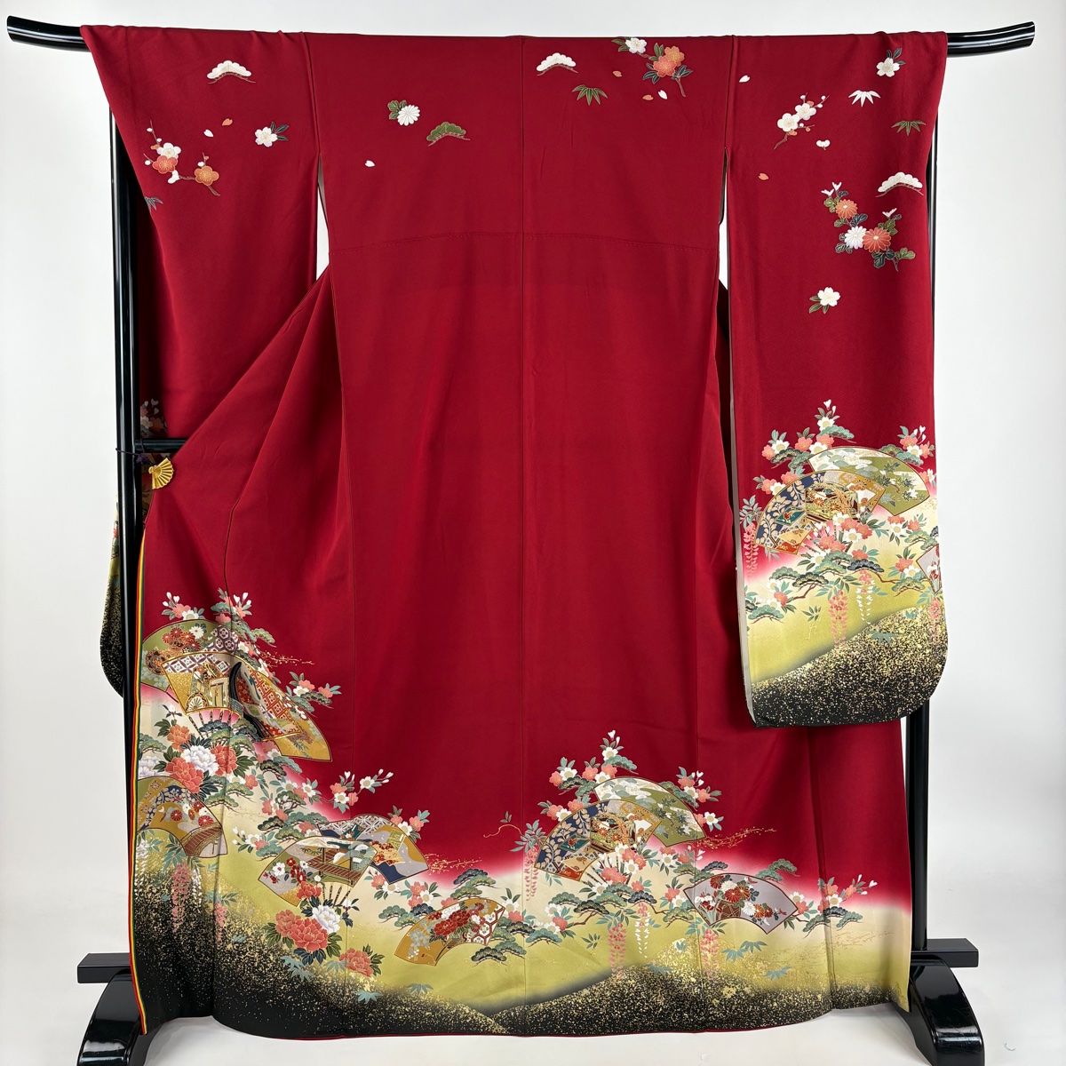 振袖 身丈168cm 裄丈69.5cm L 袷 扇 草花 金糸 金彩 赤 正絹 秀