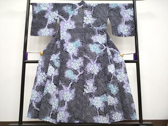 平和屋着物 上 夏物 浴衣 有松鳴海絞り 枝花文 紫黒色地 やまと誂製 綿 CYAA3134s5