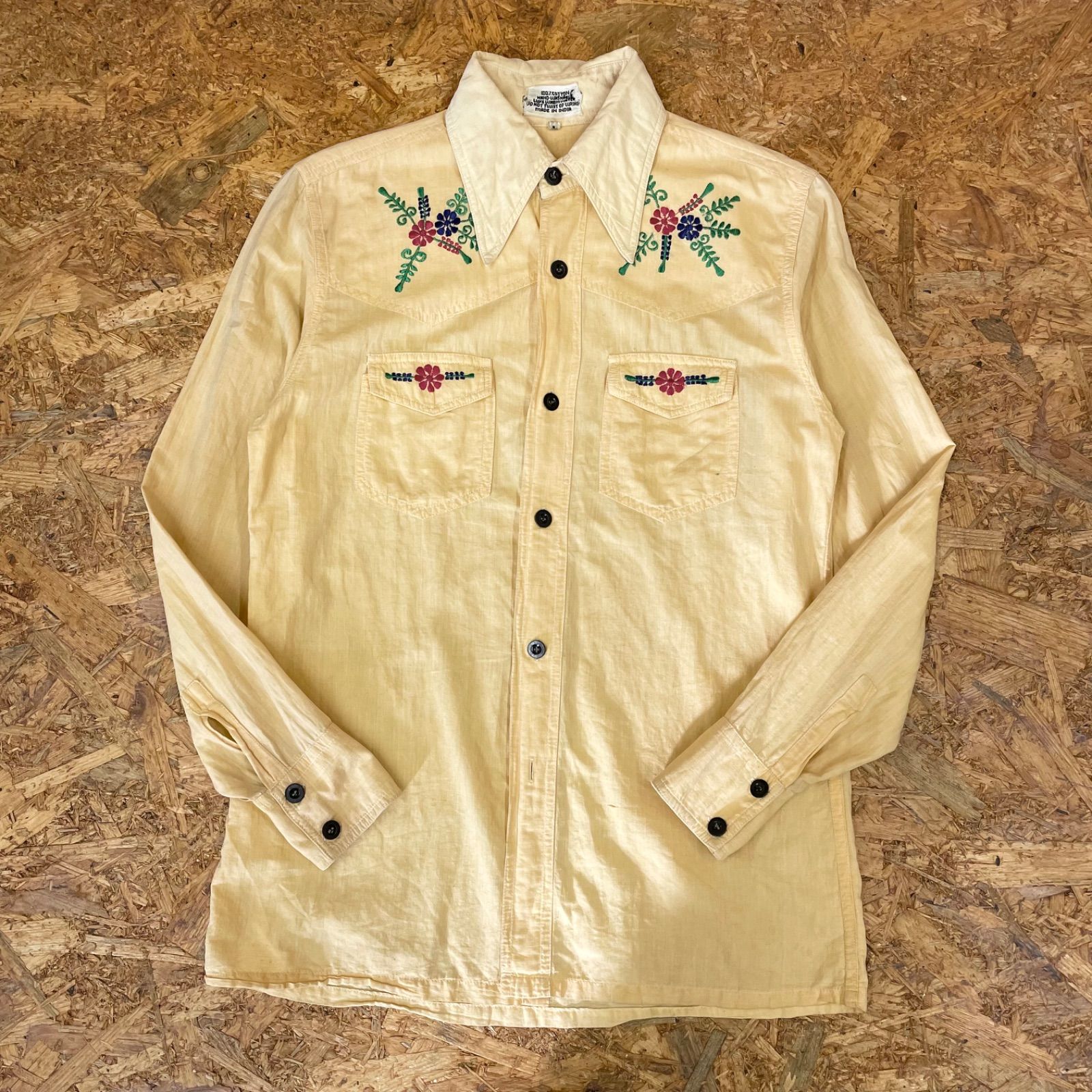 70sヴィンテージ 刺繍入りシャツ 長袖 メンズM 衿芯 ロングスリーブ