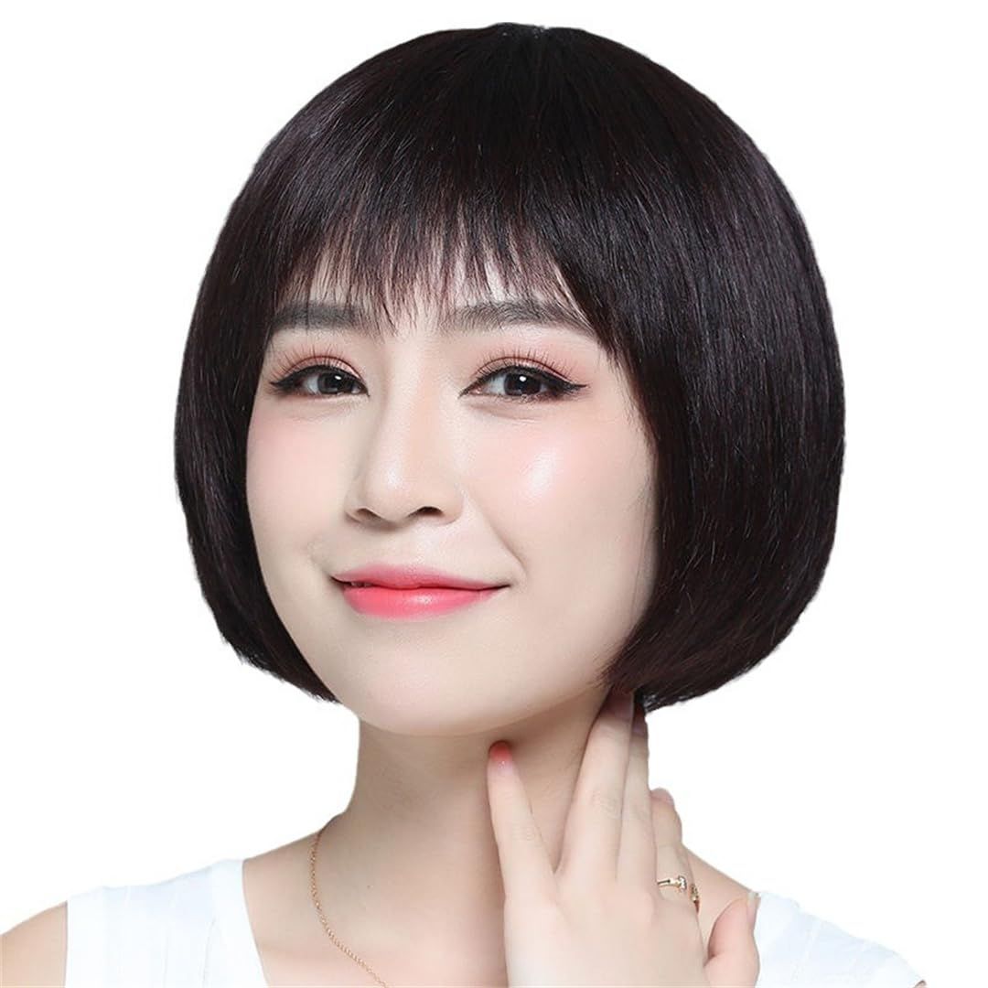 お得，爆買い ショート ウィッグ ウィッグ ネット付き ウィッグ ストレート ぱっつんボブ 小顔 黒 ウィッグ ショートボブ ショートボブ 女性 セミロング かつら 日常 自然 ボブ (ブラック) フルウィッグ レ その他