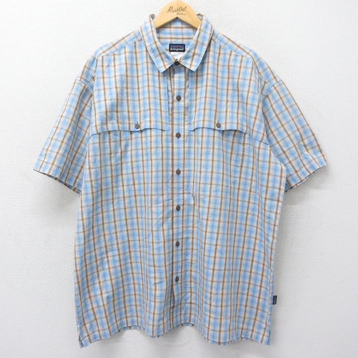 XL/古着 パタゴニア patagonia 半袖 シャツ メンズ 大きいサイズ 薄紺他 ネイビー チェック spe 24jun24 中古 トップス
