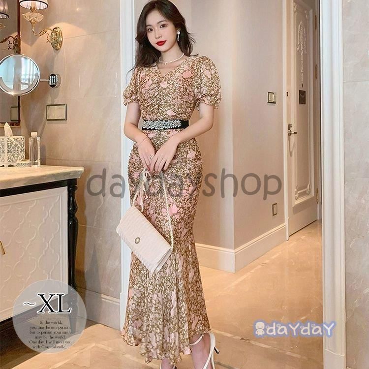 ドレス Vネック 袖口フリル マーメイドライン ウエストマーク スリット 総柄プリント ロング丈 アーティスティック 甘め スタイリッシュ ドレス Vネック 袖口フリル マーメイドライン ウエストマーク スリット