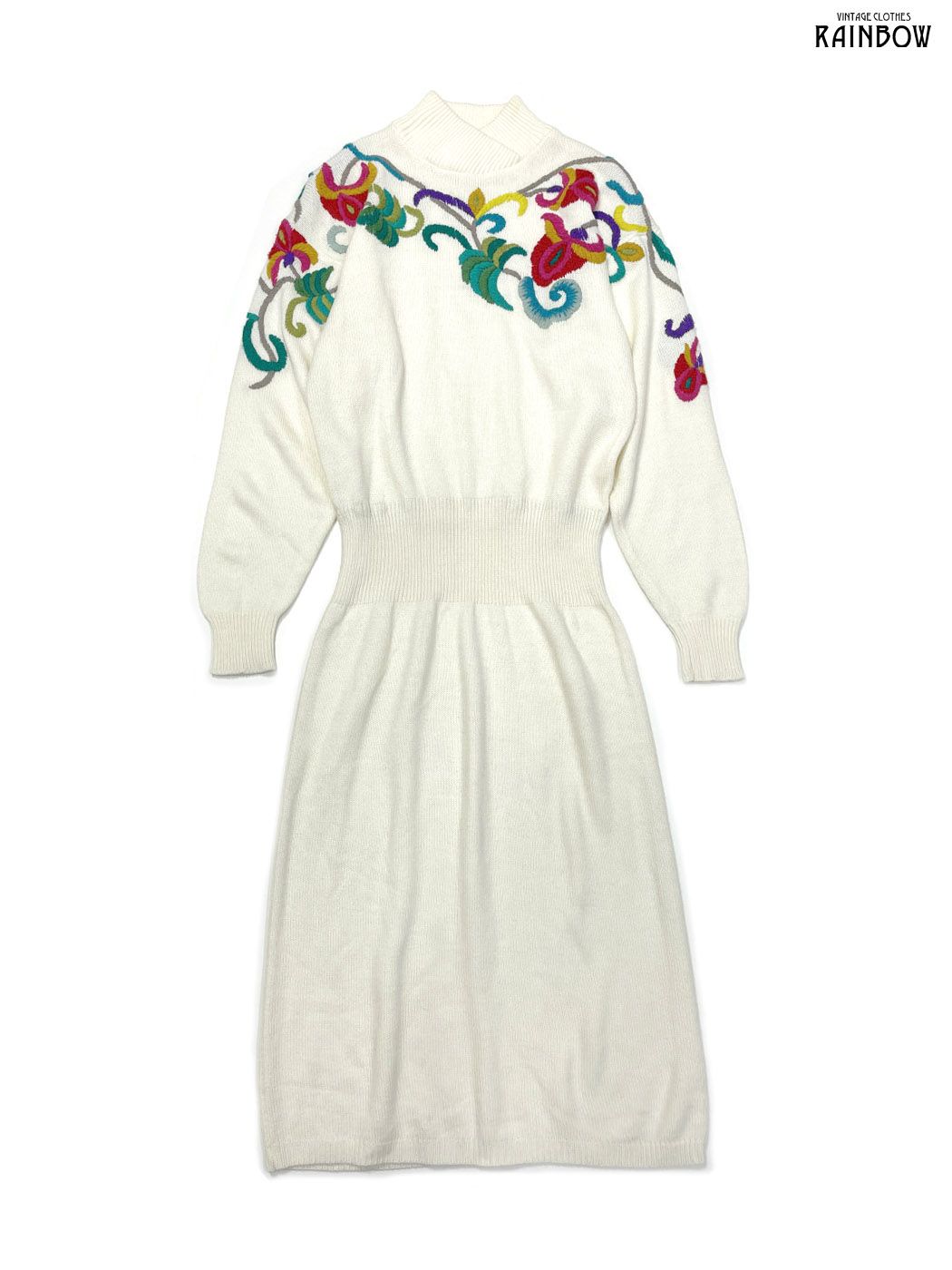 古着 Darian 花柄刺繍 無地 ロング丈 長袖 ニット ワンピース 白 生成り otu2510012