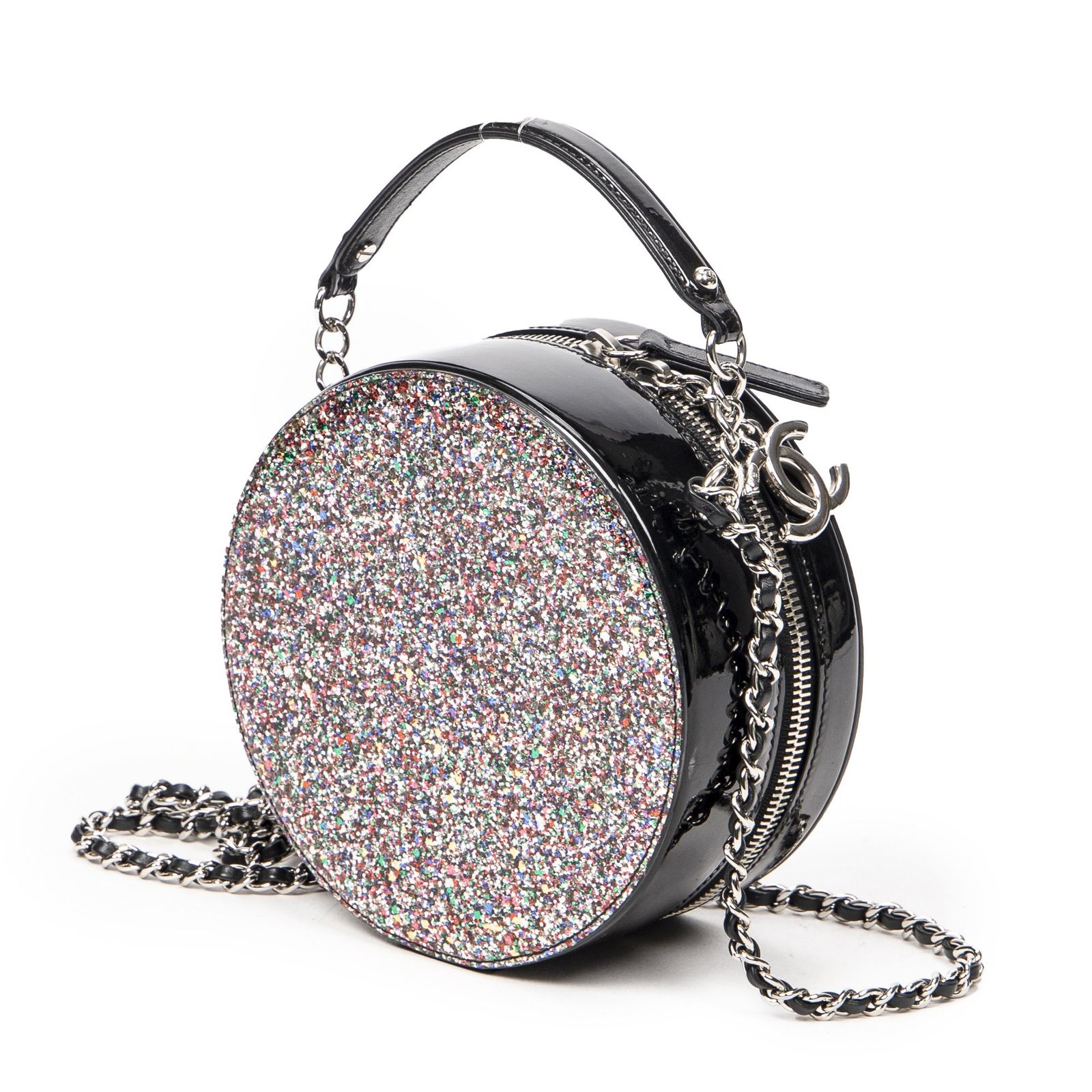 CHANEL シャネルCCラウンドグリッターチェーン クロスボディ黒 マルチ グリッターパテントレザーA