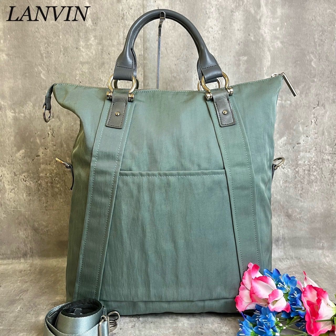 ✨良品✨ LANVIN ランバン 2way ショルダーバッグ トートバッグ ハンドバッグ シルバー金具 ロゴ型押し A4収納 ナイロンレザー 肩掛け  レディース くすみブルー - メルカリ