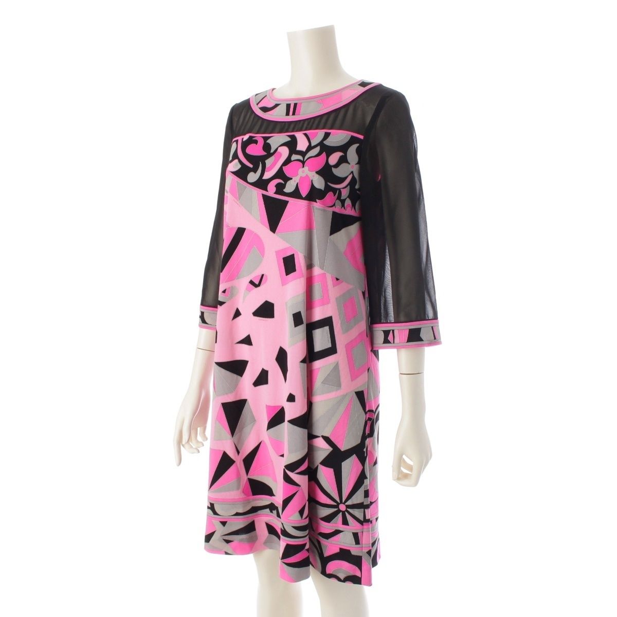 レオナール カンカン シースルー 切替 総柄 ワンピース ドレス 0160224 ピンク ブラック 36
