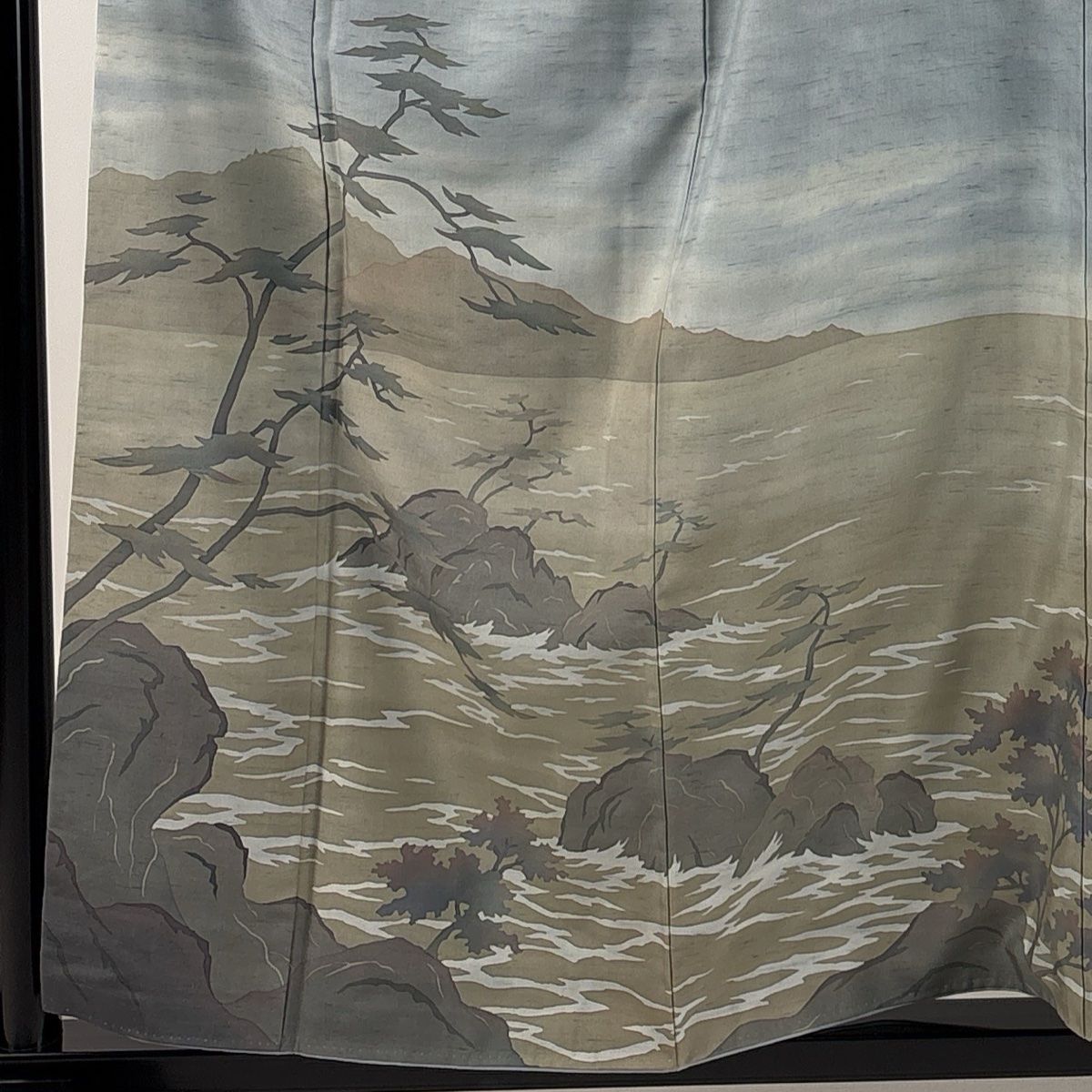 訪問着 身丈157.5cm 裄丈66.5cm M 袷 牛首紬地 落款 山 海風景 青灰色 正絹