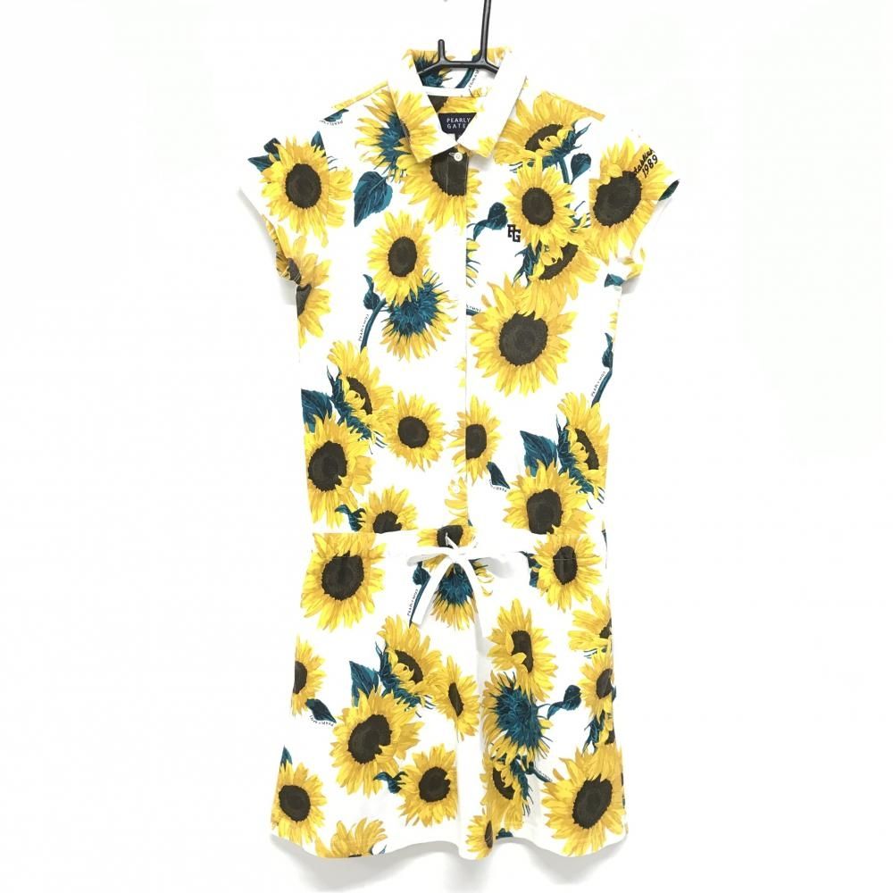 パーリーゲイツ 半袖ポロワンピース 白×イエロー ひまわり総柄 レディース 0 S ゴルフウェア PEARLY GATES
