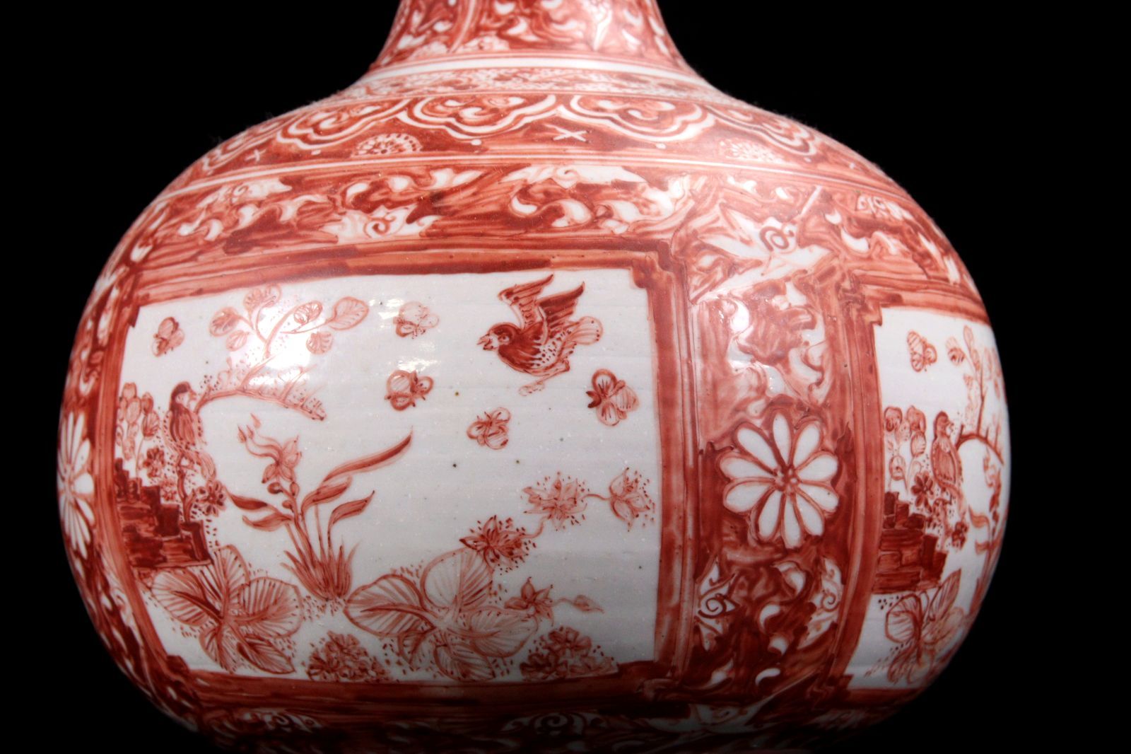 中国 赤絵花鳥文鶴首花瓶 34cm 唐物 骨董 古美術 楾 F980