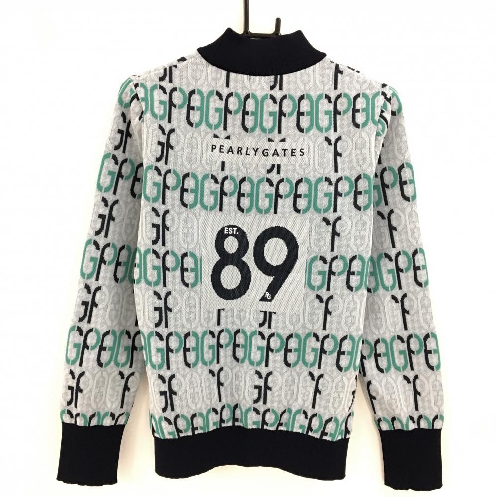 超 パーリーゲイツ セーター ライトグレー×ネイビー ロゴ総柄 ストレッチ ニット レディース 2 L ゴルフウェア PEARLY GATES
