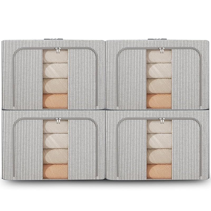 AMZPuls 収納ボックス 収納ケース4点セット 66L大容量 衣類収納 折りたたみ 取っ手付き ふた付き おしゃれ 布製 衣装ケース 透明窓付き ファスナー グレー-ボーダー柄-4 0